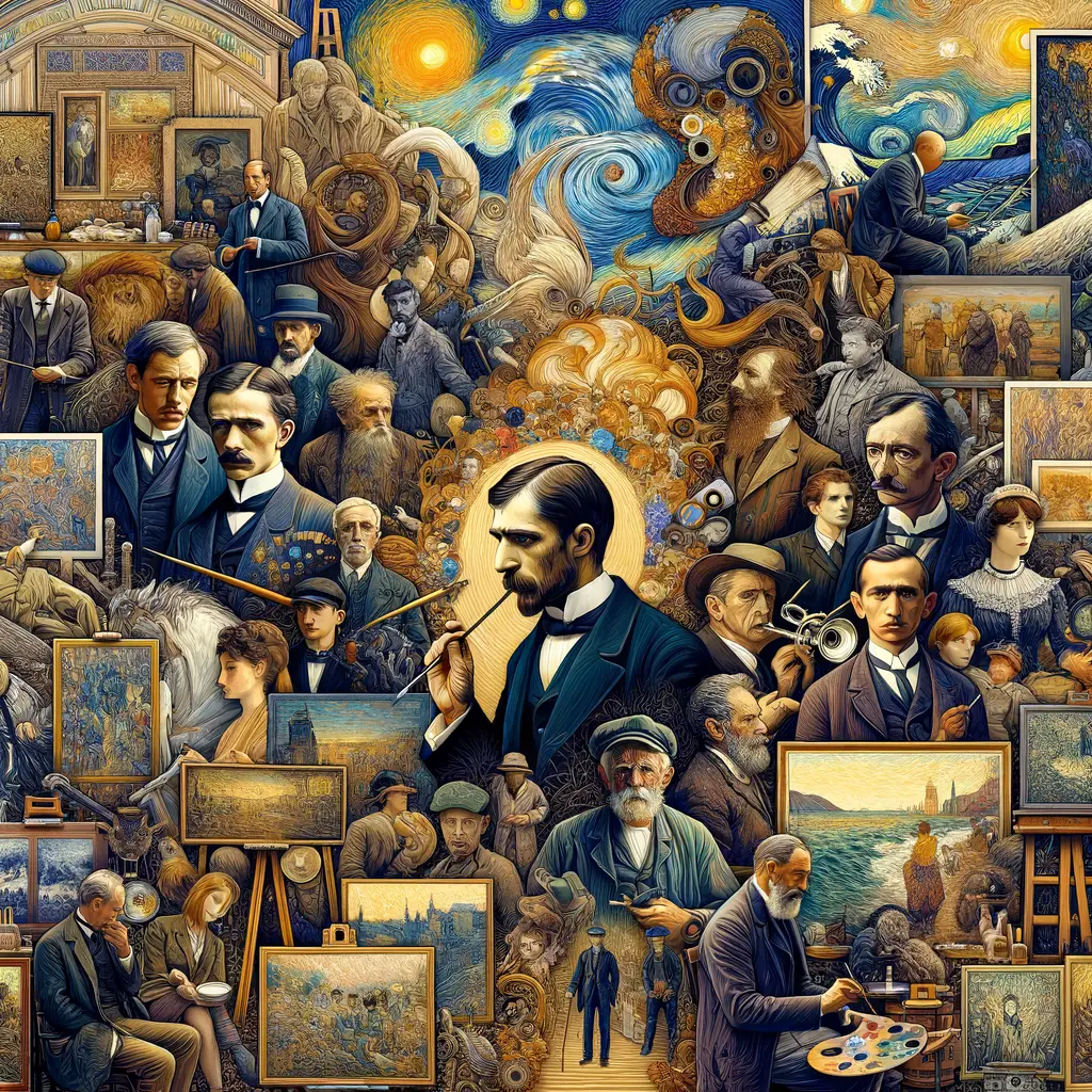 Collage of famous 20th Century oil painters, their notable paintings, unique oil painting techniques, and biographical elements, showcasing the history of oil painting and influential art movements of the century.