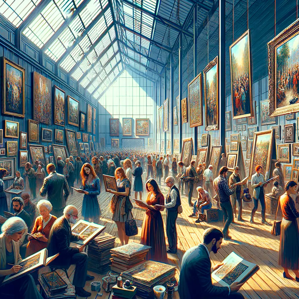 Art enthusiasts appreciating diverse oil paintings in a bustling art gallery, highlighting the role of art galleries in promoting art and oil painting promotion.