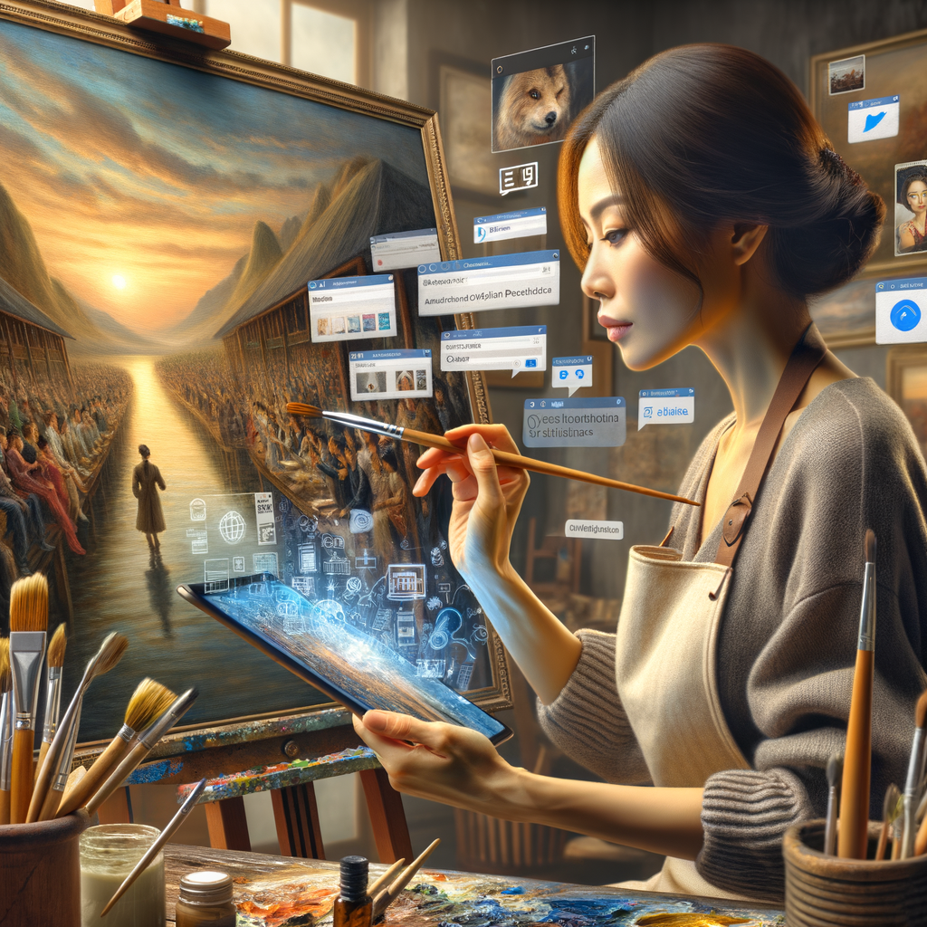 Professional artist applying oil painting techniques on canvas while managing social media for artists, showcasing her online art portfolio and oil painting online gallery, symbolizing art promotion on social media and building online presence in the digital art community.
