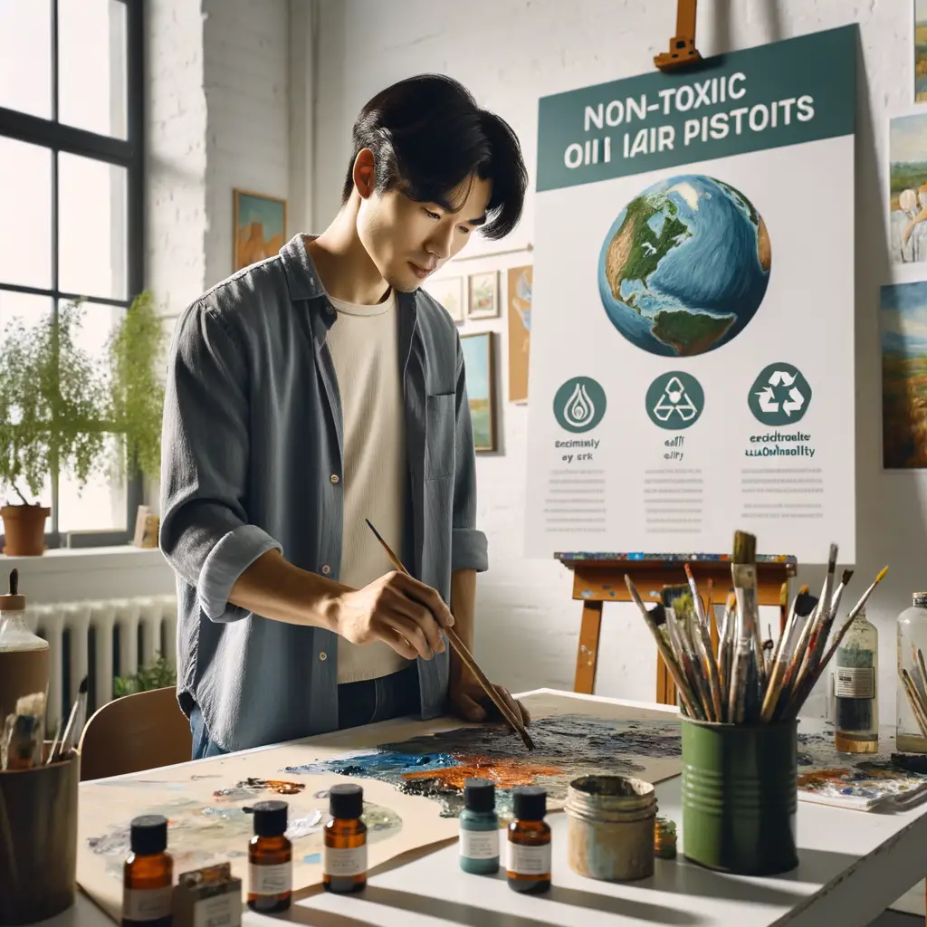 Professional artist demonstrating safe painting practices in a studio with non-toxic oil paints, eco-friendly art alternatives, and green art materials, highlighting the environmental impact of art and sustainable art practices.