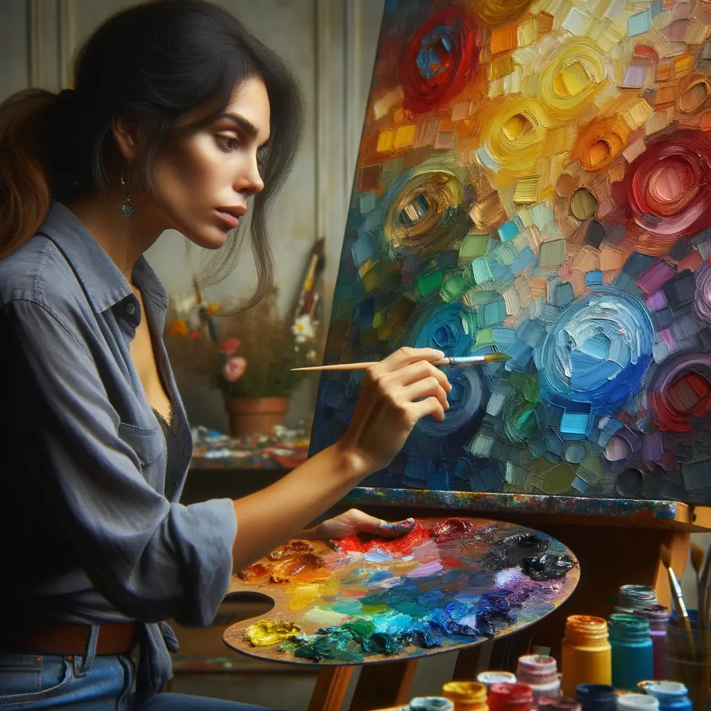 Professional artist engrossed in oil painting, demonstrating the psychology of colors, color theory in art, and the emotional impact of colors through various oil painting techniques and color symbolism in painting.