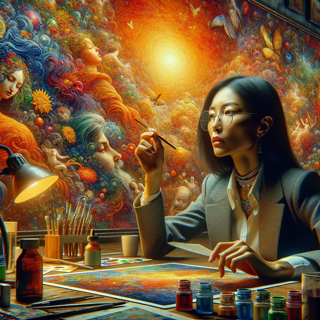 Art critic analyzing and influencing the interpretation of a vibrant oil painting, demonstrating the importance and role of art critics in the world of oil painting critiques.