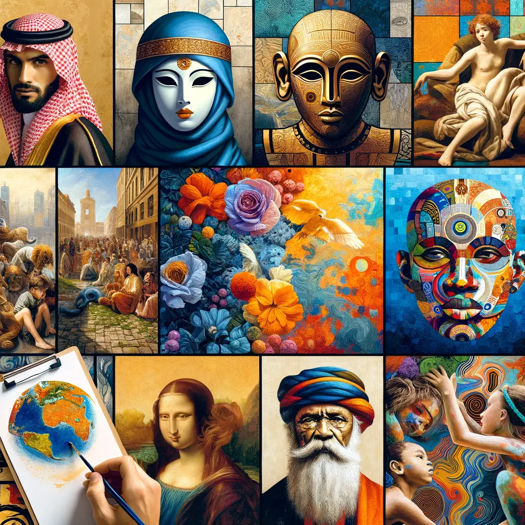 Vibrant collage of international oil painting styles showcasing cultural diversity and influence on oil painting techniques worldwide, reflecting a global perspective on oil painting traditions.