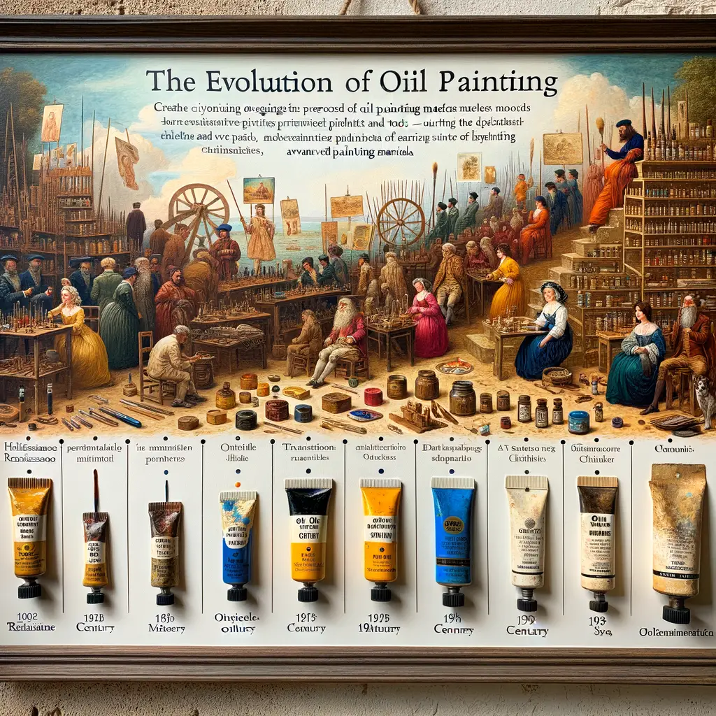 Infographic illustrating the evolution of oil painting materials and techniques, highlighting the oil painting history, changes in oil painting, and the development of historical art materials to modern oil painting materials.