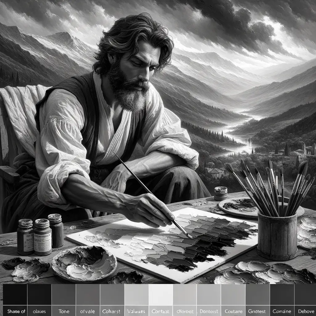 Monochrome oil painting showcasing advanced techniques and a profound study of tone and contrast in art.