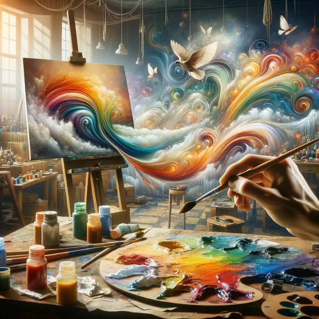 Artist's hand applying vibrant colors with a brush, demonstrating oil painting techniques and tips for creating motion and movement in art.