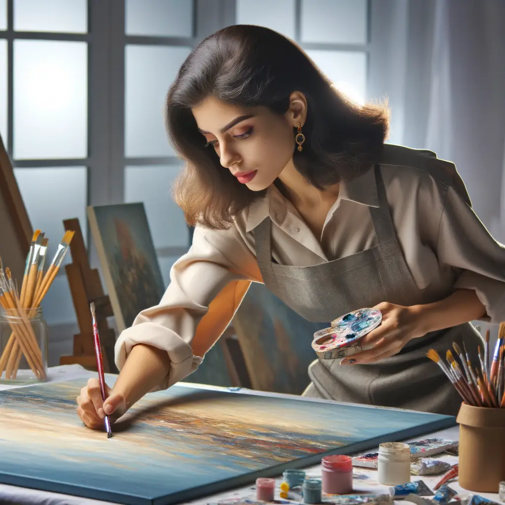 Professional artist mastering advanced oil painting techniques in a studio, demonstrating oil painting progression and enhancing abilities, symbolizing the process of taking art to the next level.