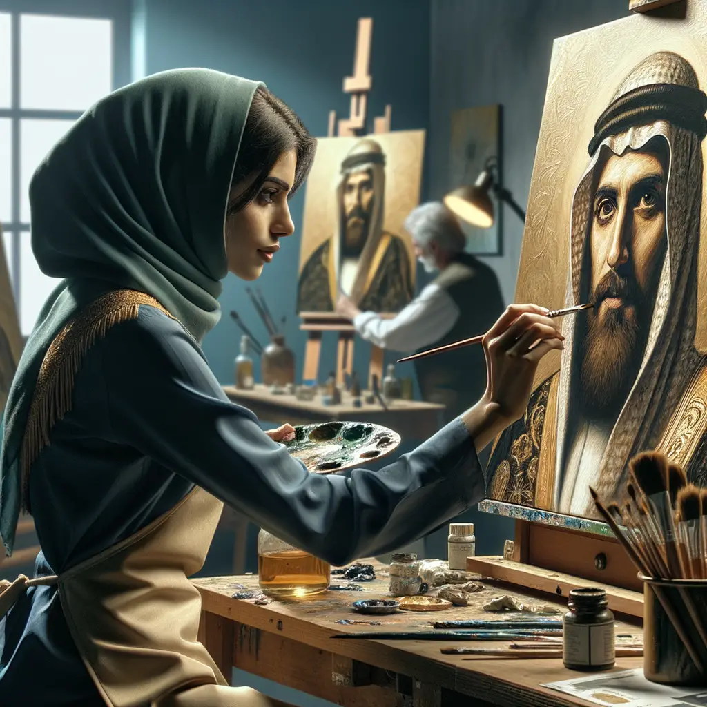 Professional artist demonstrating oil painting techniques in portraiture art, with a tutorial guide and case studies on oil painting visible in the background.