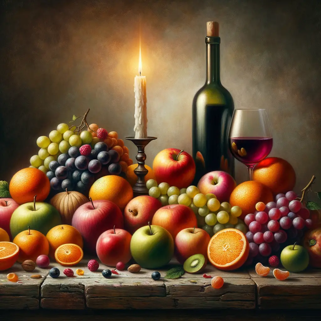 Advanced still life oil painting techniques demonstrated through a vibrant composition of fruits, wine bottle, and lit candle on a rustic table, showcasing lighting effects and providing tips for beginners and advanced artists on composition and lighting in oil painting.