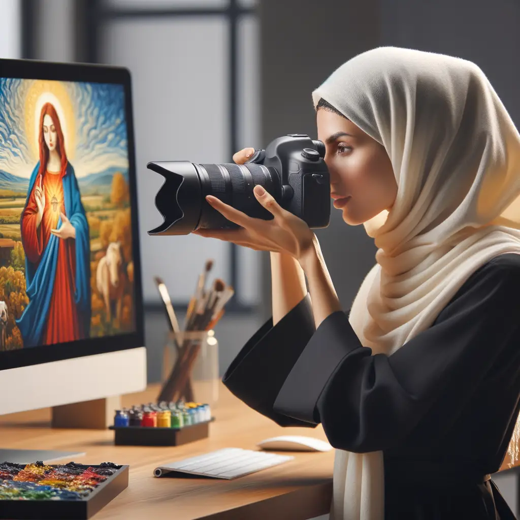 Professional photographer capturing oil painting for digital display using high-resolution camera and advanced photography techniques, showcasing art digitization and digital art display methods.