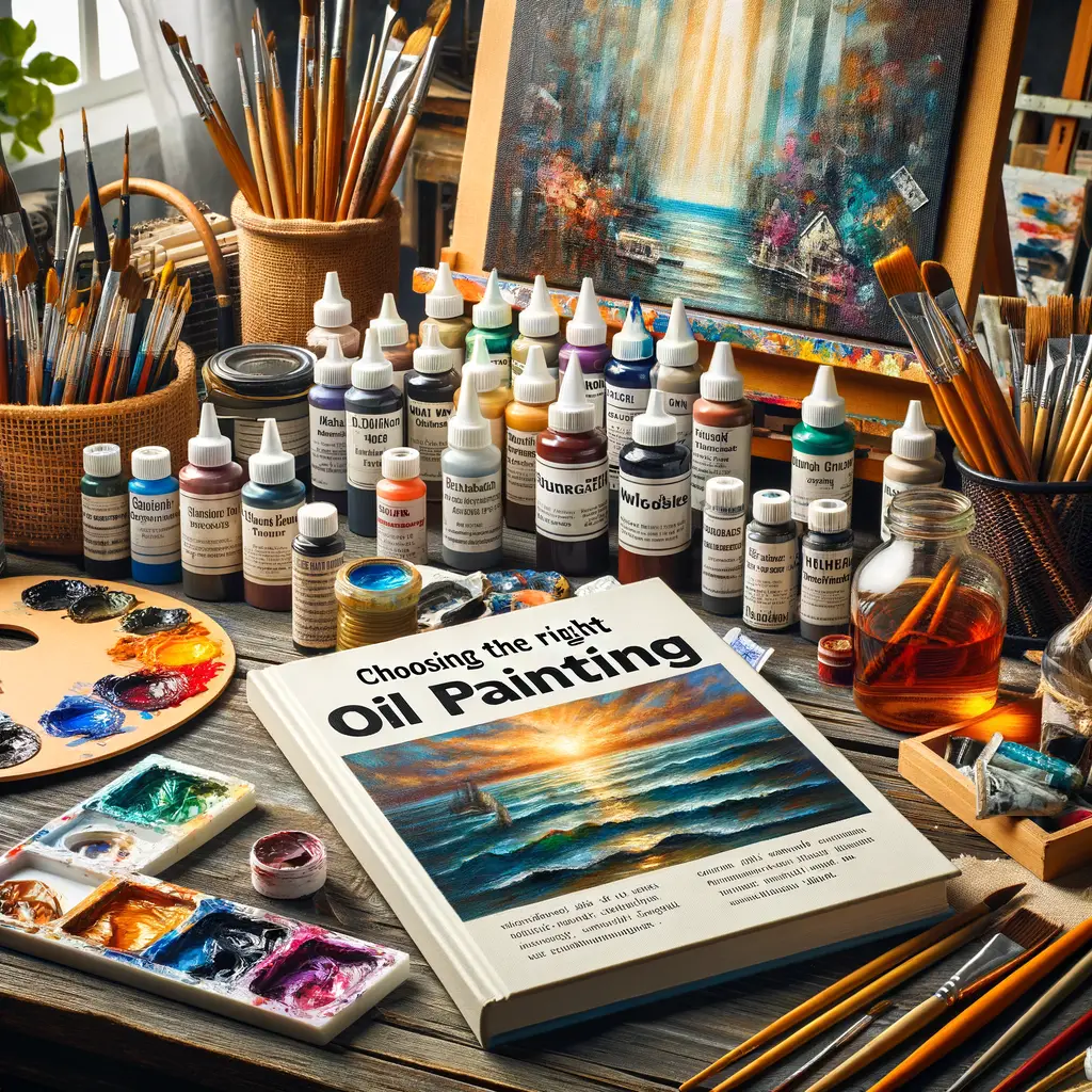 Professional artist's desk displaying a variety of oil painting mediums, a guidebook 'Choosing the Right Oil Painting Medium', and a canvas demonstrating oil painting techniques for the best oil painting medium selection.