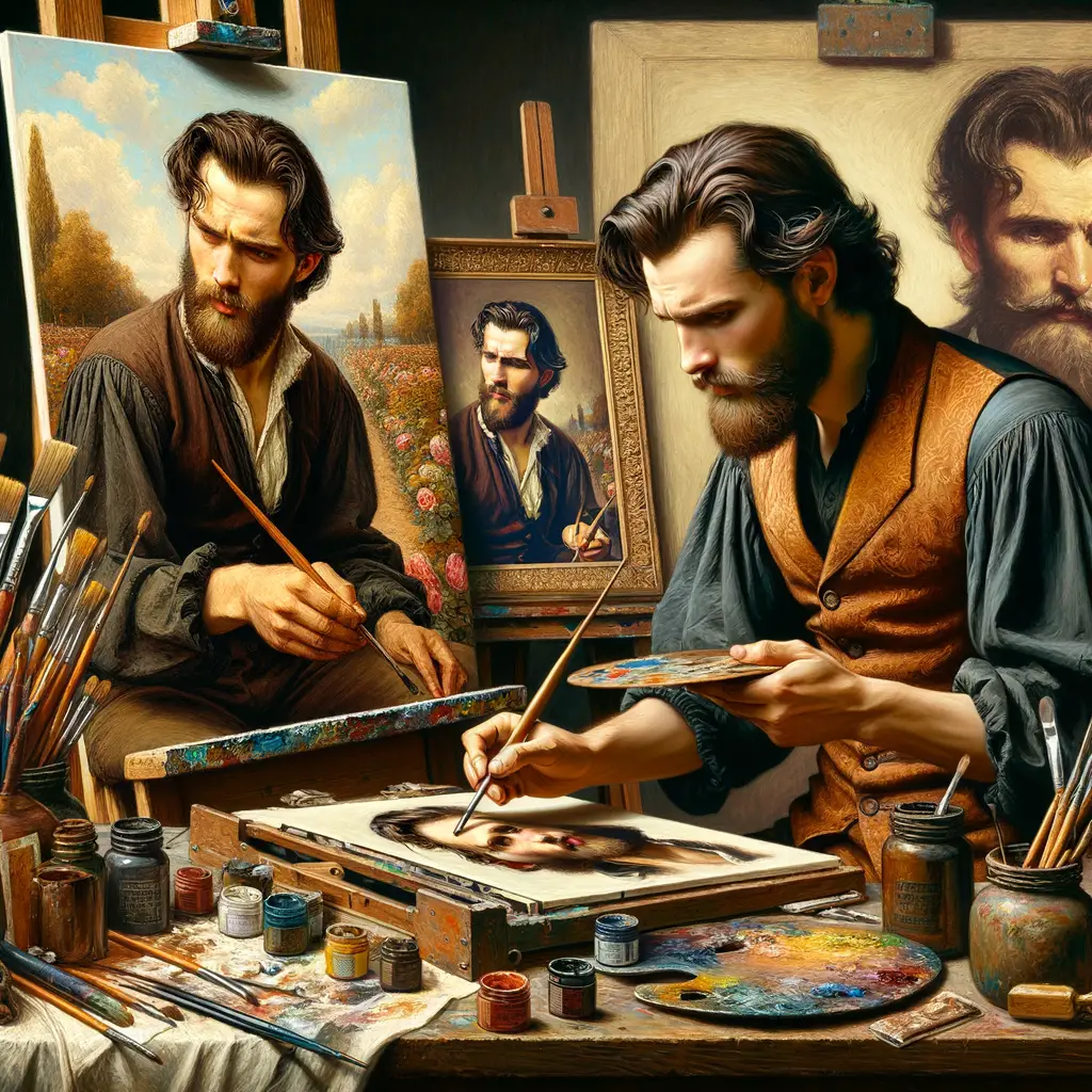 Professional artist using Old Masters oil painting techniques for reproducing masterpiece replicas, showcasing the art of copying paintings in a workspace filled with essential tools for oil painting reproduction.