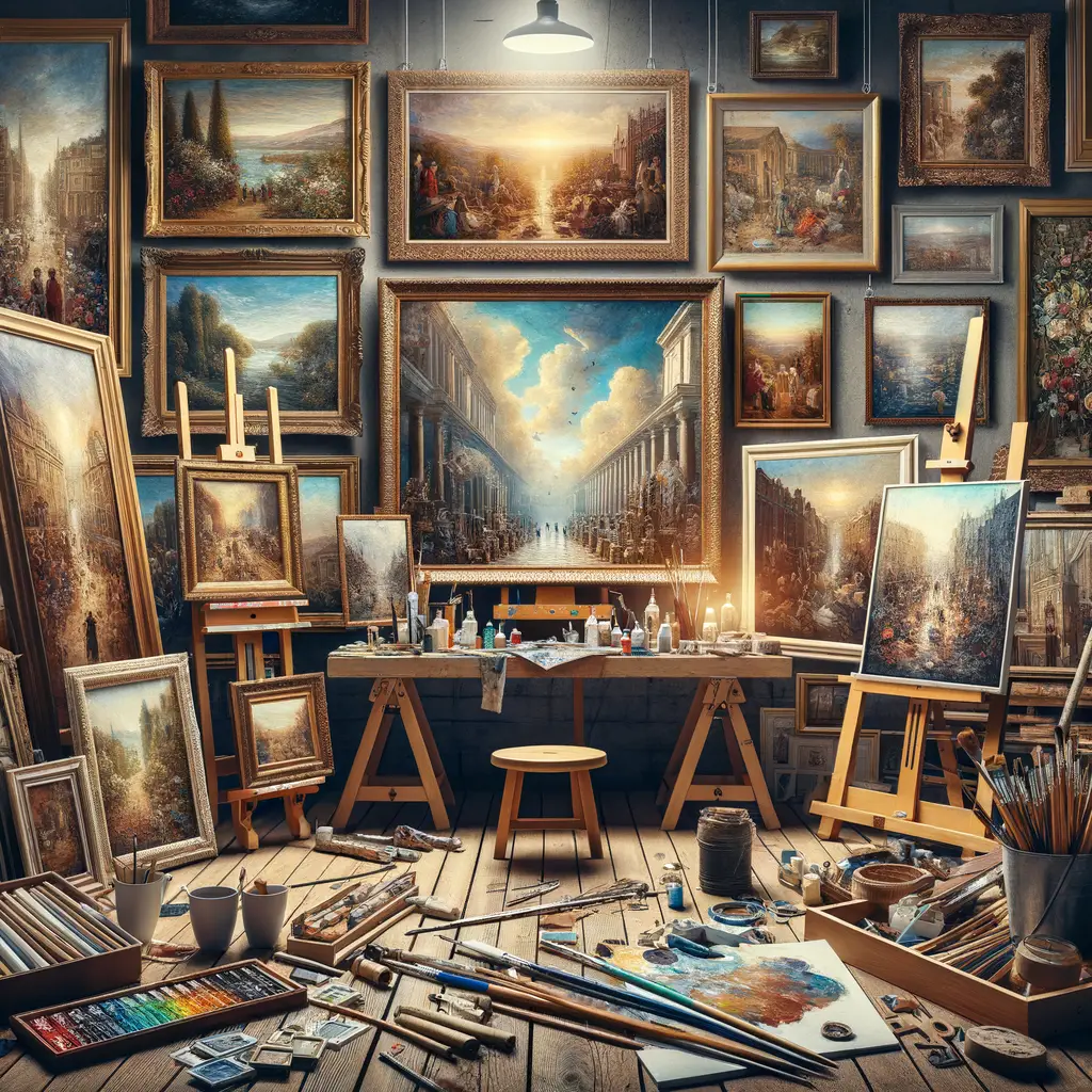 Artist's workspace highlighting oil painting techniques, art framing methods, and the importance of framing in art with a guide and DIY tools for framing oil paintings on canvas.