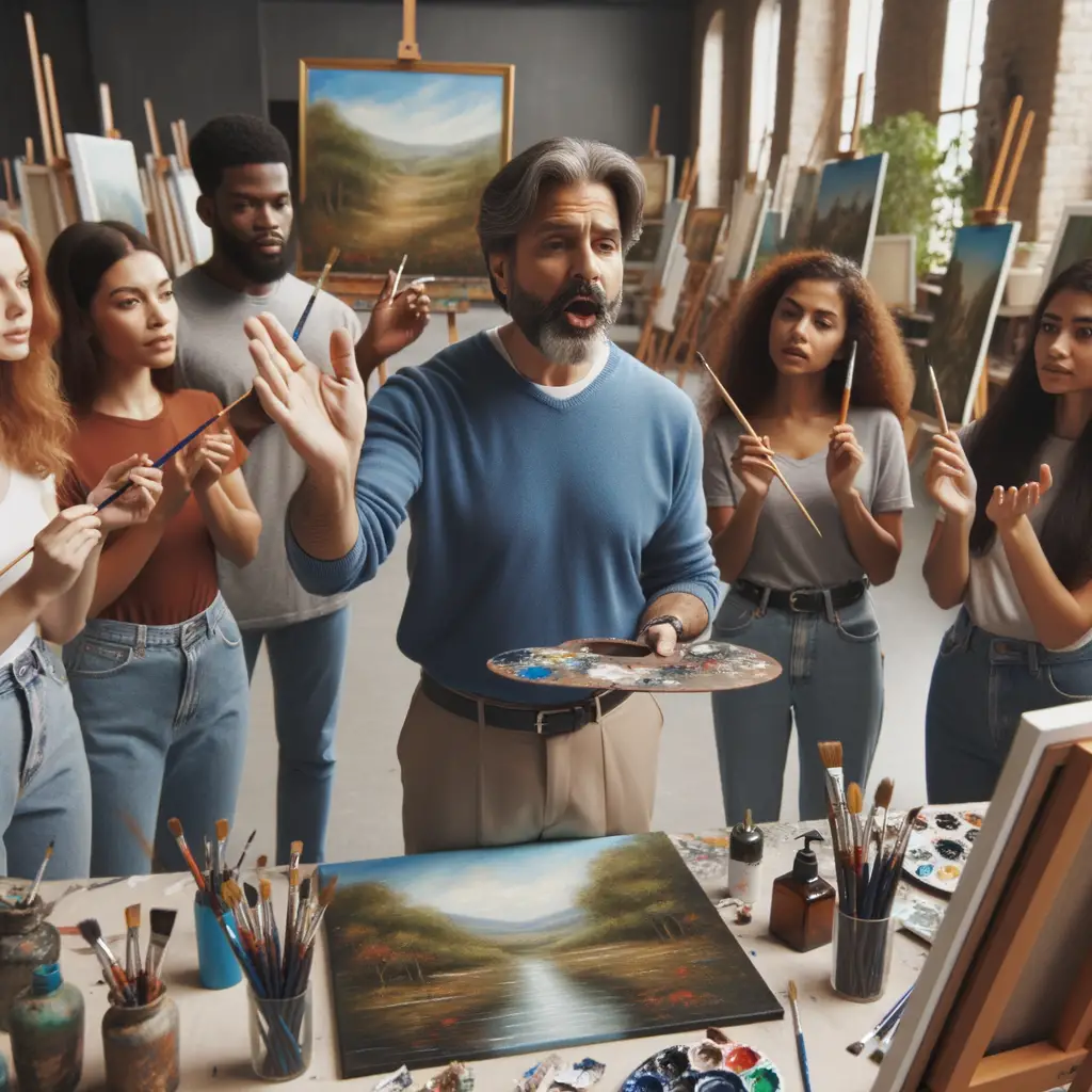 Experienced art instructor teaching oil painting techniques to beginners, providing art teaching tips and using various art instruction methods during an oil painting lesson, ideal for aspiring art instructors.