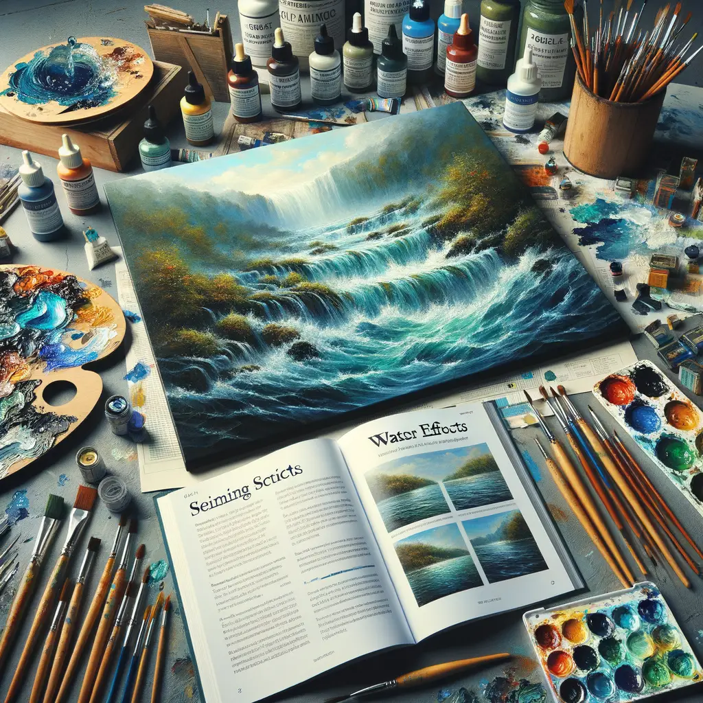 Professional artist's workspace with an in-progress oil painting showcasing realistic water effects, alongside an open oil painting water tutorial guidebook, illustrating both beginner and advanced oil painting techniques for creating water effects in painting.