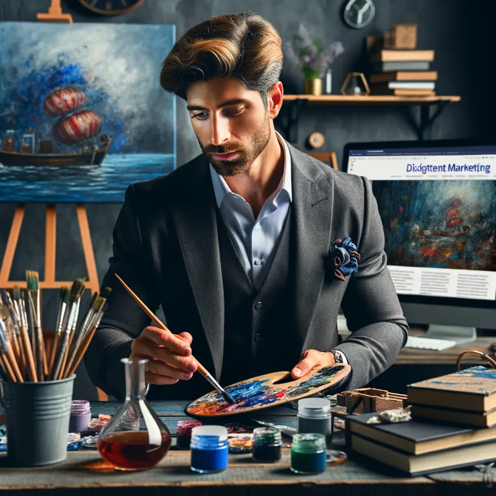 Professional artist engrossed in oil painting business, using art business strategies and marketing artwork techniques, with a computer promoting and selling oil paintings in the background.