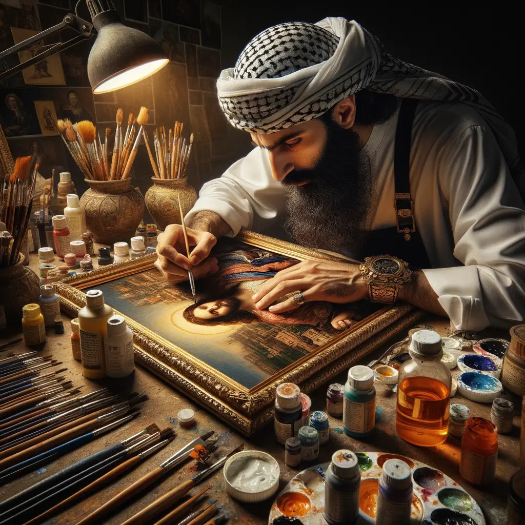 Professional artist using art replication techniques for famous oil paintings reproductions, demonstrating the art of copying paintings with a guidebook on oil painting reproduction techniques.