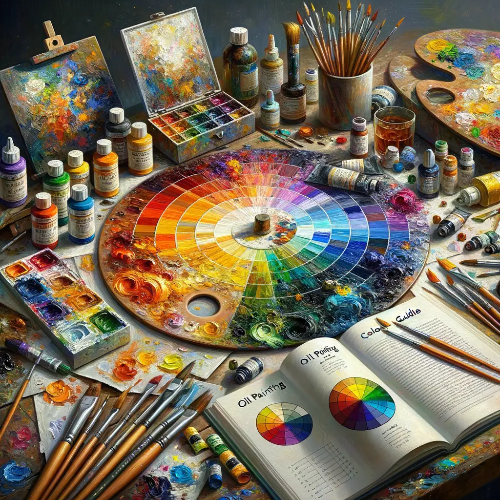 Artist's workspace showcasing oil painting techniques, color theory for painters, and tips for mixing oil colors, featuring a palette of mixed oil paints, color wheel, oil painting color guide, and brushes demonstrating color blending in oil painting.