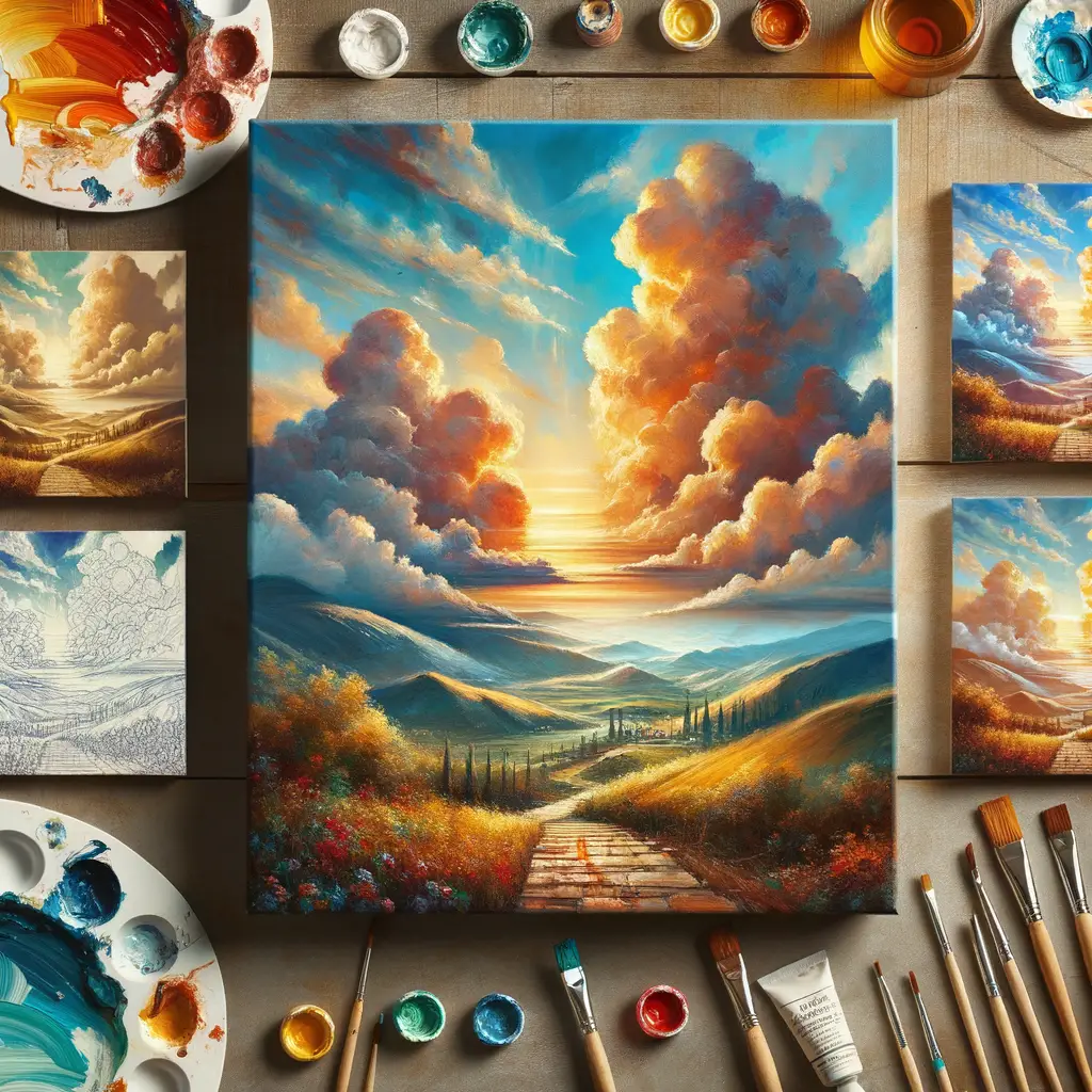 Breathtaking sky painting in oil showcasing advanced oil painting techniques and providing artistic inspiration for beginners, highlighting the art of painting skies and landscape oil painting techniques.