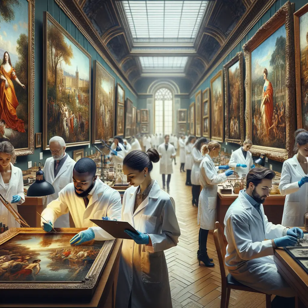 Museum staff employing preservation methods on oil paintings, demonstrating the role of museums in art conservation and the importance of museum techniques in preserving oil paint.