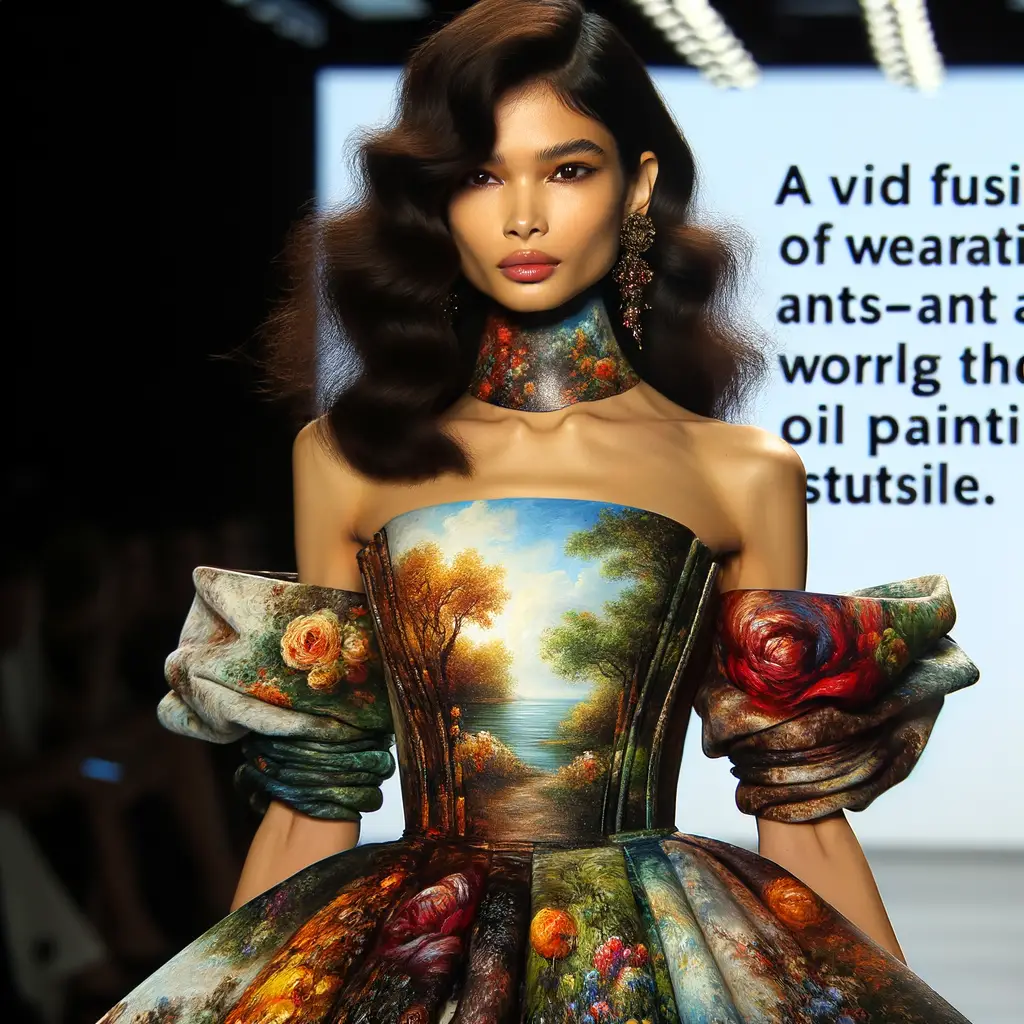 Model in oil painting fashion design, showcasing wearable art and artistic clothing design on runway, embodying art in fashion with a vibrant oil painted dress.