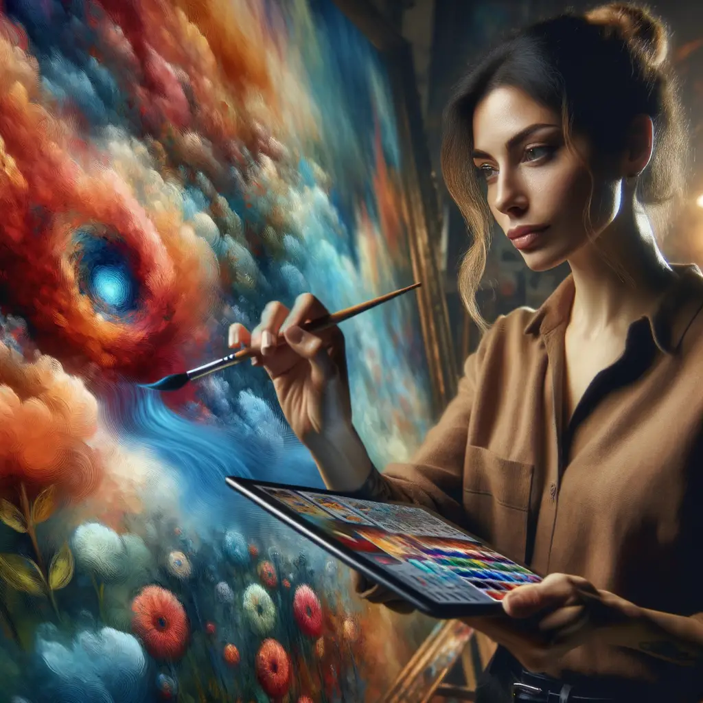 Modern artist utilizing technology in oil painting, showcasing the influence of technology on art and innovation in oil painting techniques in the digital age.