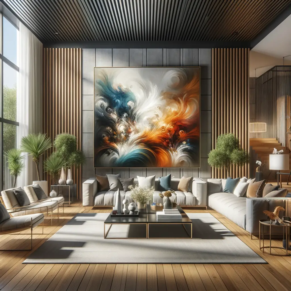 Modern interior design trends featuring a contemporary oil painting as the centerpiece, highlighting the role of art and importance of oil painting in interior design.