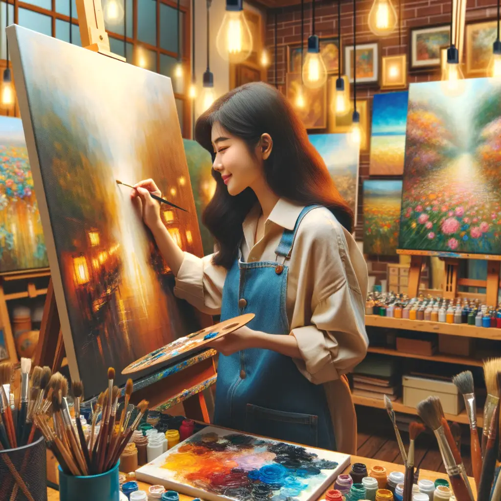 Professional artist engrossed in oil painting career, showcasing diverse artistic career paths and opportunities in a well-lit studio.