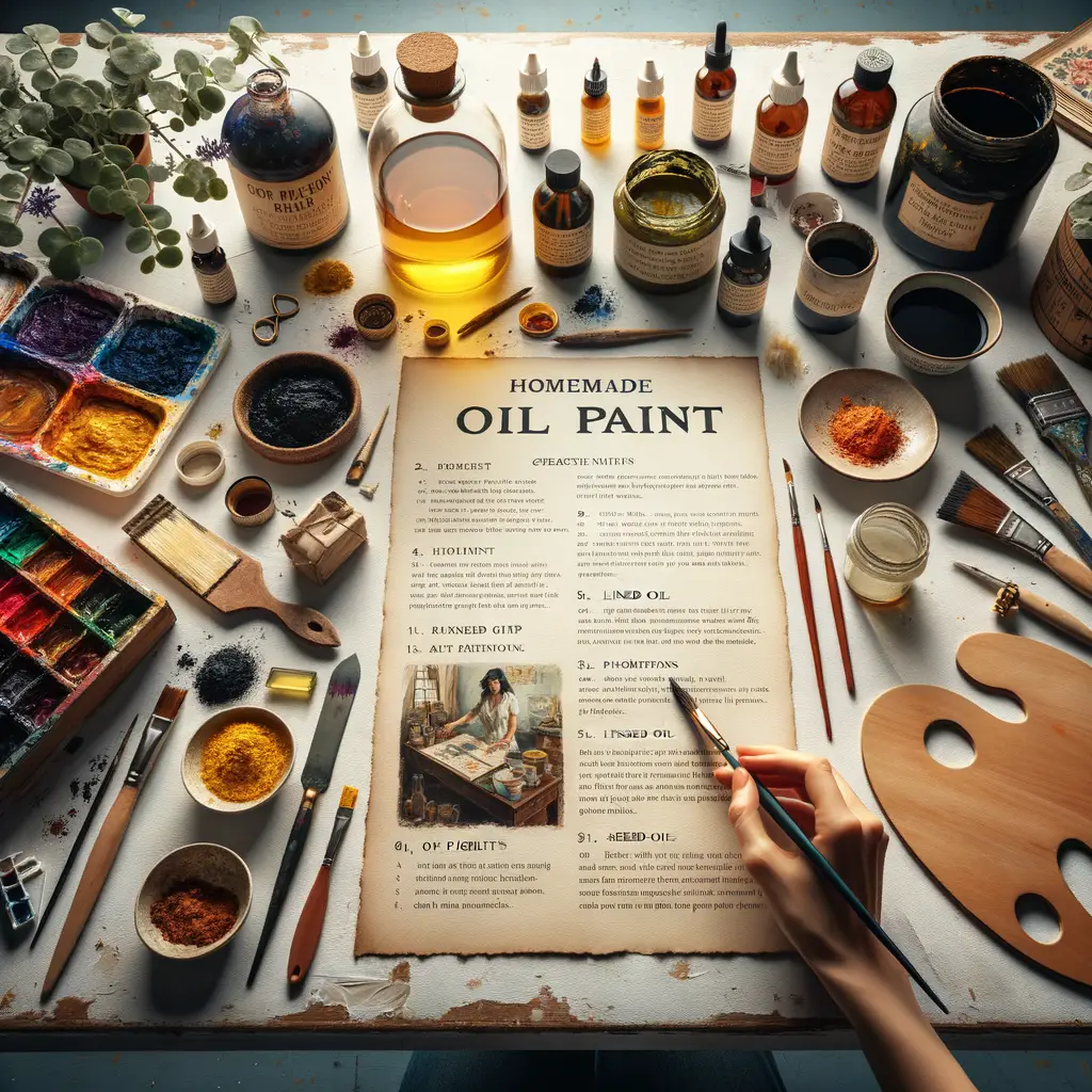 Artist's workspace showcasing the process of making DIY oil paint at home, featuring oil paint ingredients, a detailed oil paint making guide, and a visual tutorial for a homemade artist's oil paint recipe as part of DIY art supplies.