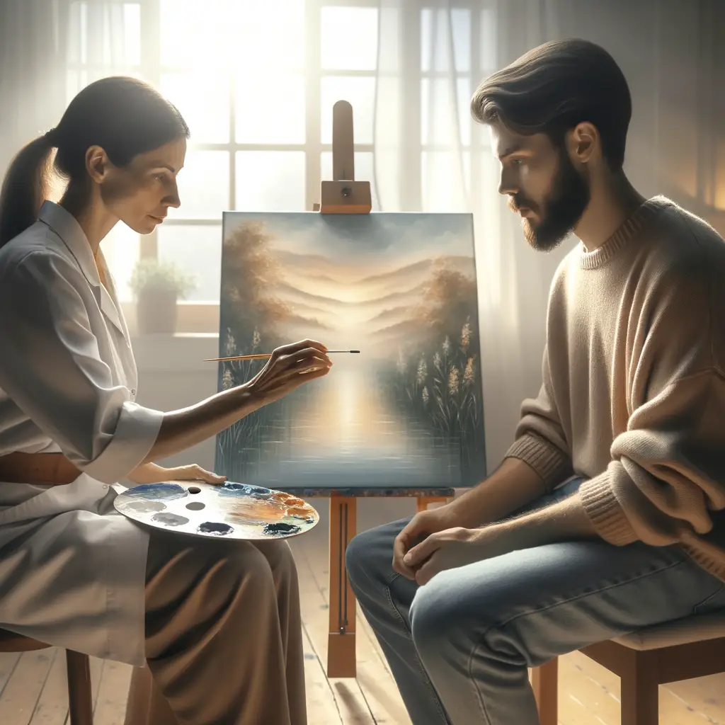 Art therapist guiding an individual in oil painting therapy, demonstrating the therapeutic benefits and techniques of art therapy for mental health healing.
