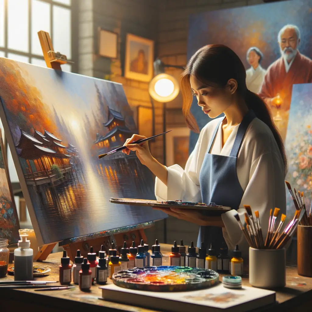 Professional artist mastering advanced oil painting techniques, specifically the art of glazing, in a bright studio with a variety of tools and a 'Mastering the Art of Glazing' tutorial book, illustrating the journey from oil painting for beginners to oil painting mastery.