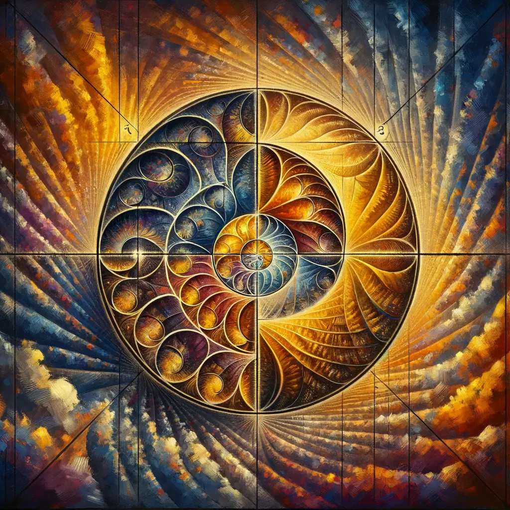 Oil painting demonstrating Golden Ratio in art composition, showcasing intricate oil painting techniques and the use of Fibonacci spiral for balance and harmony in visual arts.