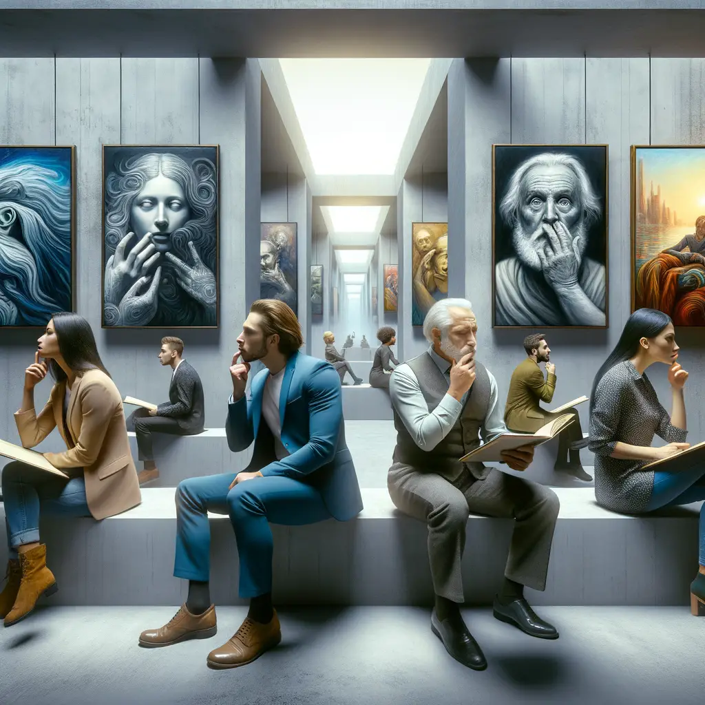 Diverse group deeply engrossed in the psychological interpretation and understanding of oil paintings, showcasing the psychology of viewing art and perception in art psychology.