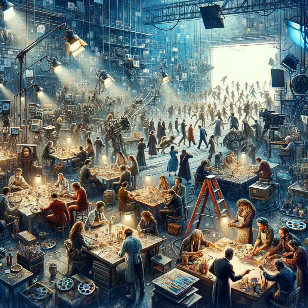 Artists employing oil painting techniques on a film production set, showcasing the integration of art in film and television for visual storytelling, highlighting cinematic visual effects and storytelling techniques used in film and TV art design.