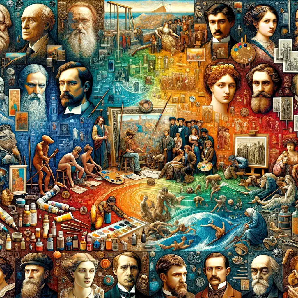 Collage illustrating the history and evolution of oil painting, showcasing famous and classic oil paintings, Renaissance era art, various techniques, materials used, and portraits of historical artists.