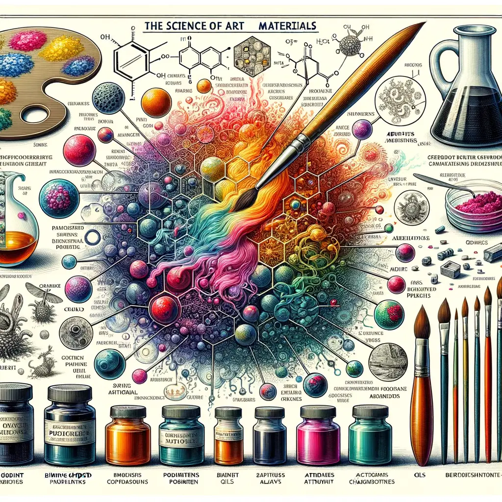 Professional illustration detailing the chemistry, composition, and properties of oil paints, highlighting the science behind oil paints and the connection to art material science.